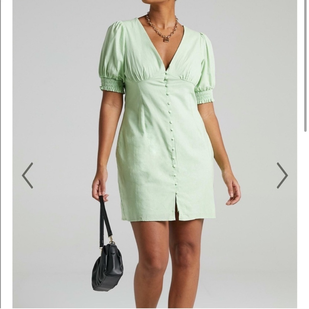 Showpo. Mint Green Puff Sleeve Button Down Dress Size 8